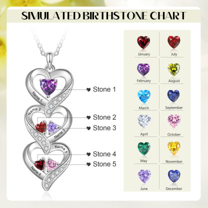 Personalised Heart Necklace - Custom 5 Names & 5 Birthstones Women's Pendant, Christmas Gift for Mum/Wife | Jessemade