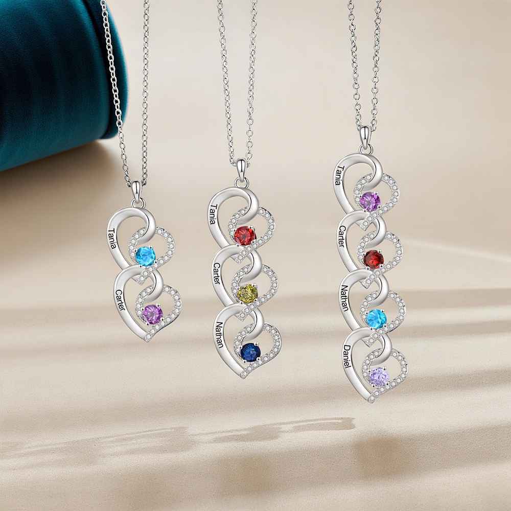 Personalised 2-4 Names Heart Birthstone Necklace for Women
