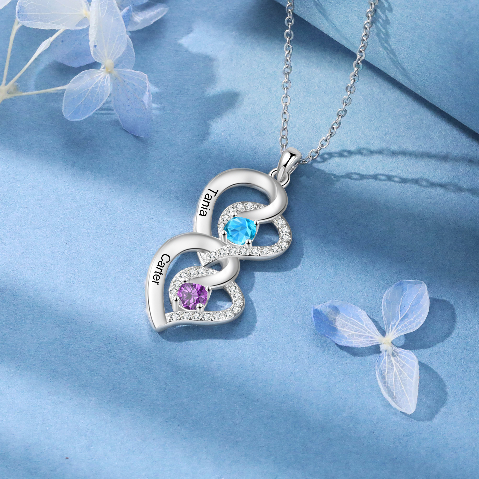 Personalised Heart-Shaped Birthstone Necklace - Custom 2 Names & 2 Birthstones Necklace Gift for Her | Jessemade
