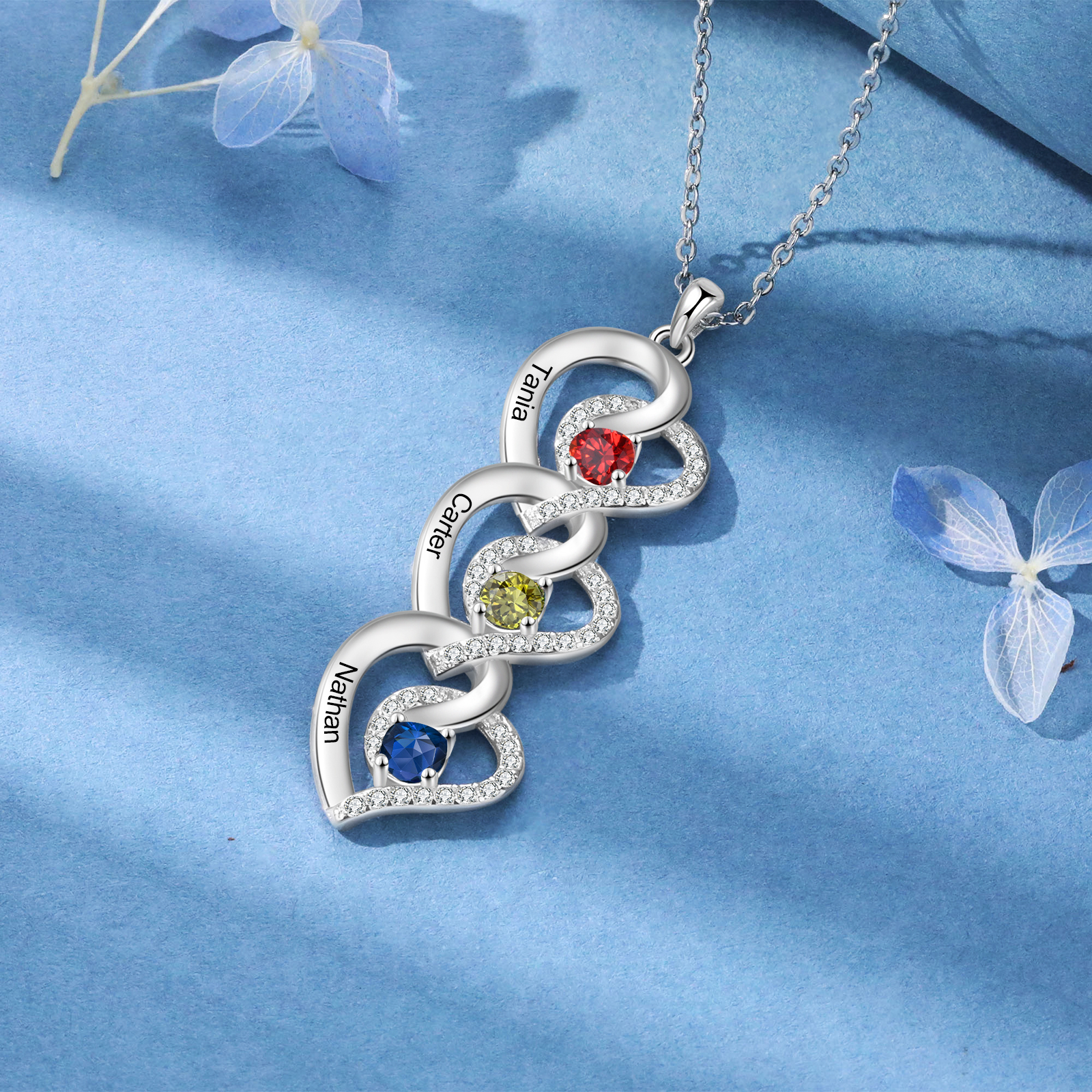 Personalised Heart-Shaped Birthstone Necklace - Custom 3 Names & 3 Birthstones Necklace Gift for Her | Jessemade