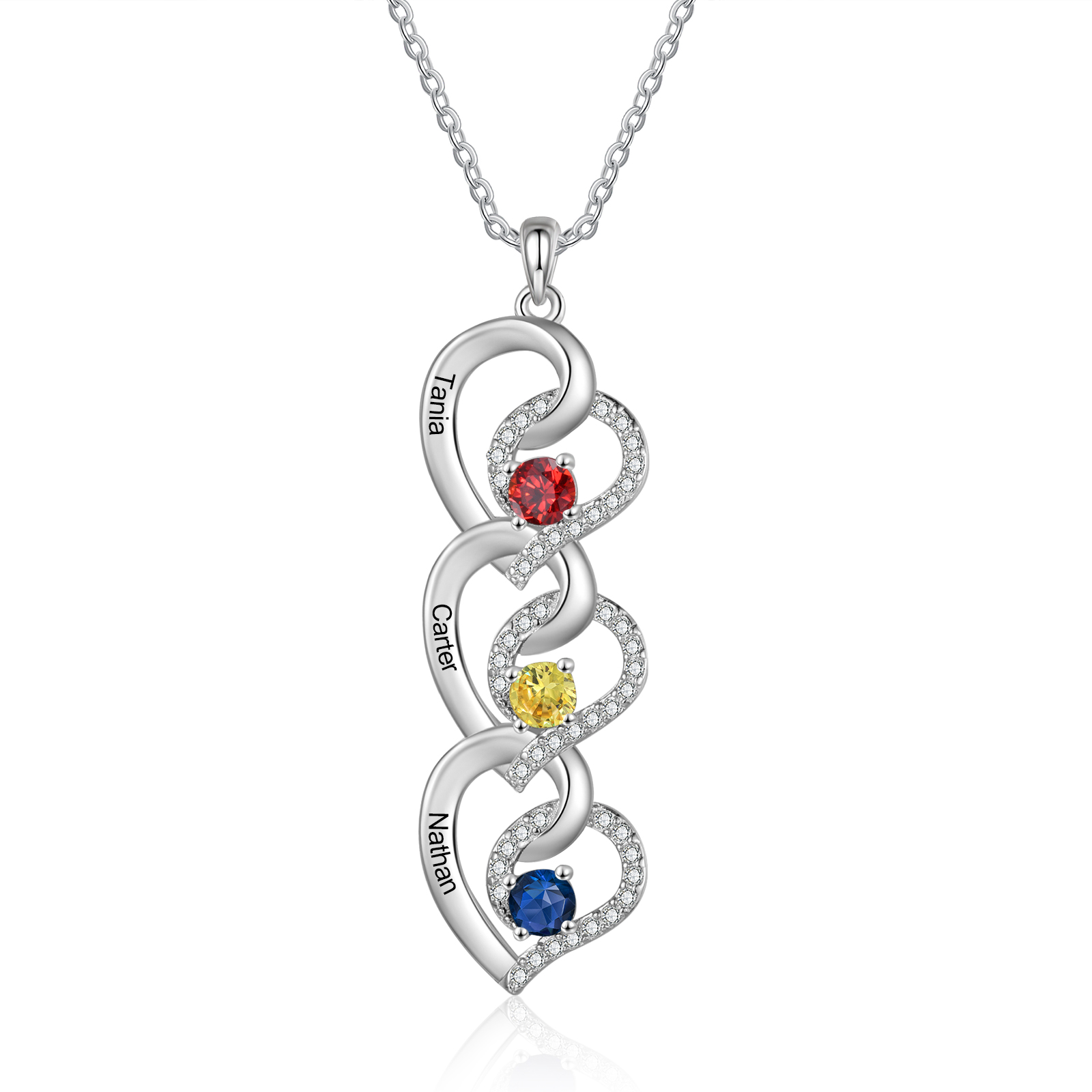 Personalised Heart-Shaped Birthstone Necklace - Custom 3 Names & 3 Birthstones Necklace Gift for Her | Jessemade