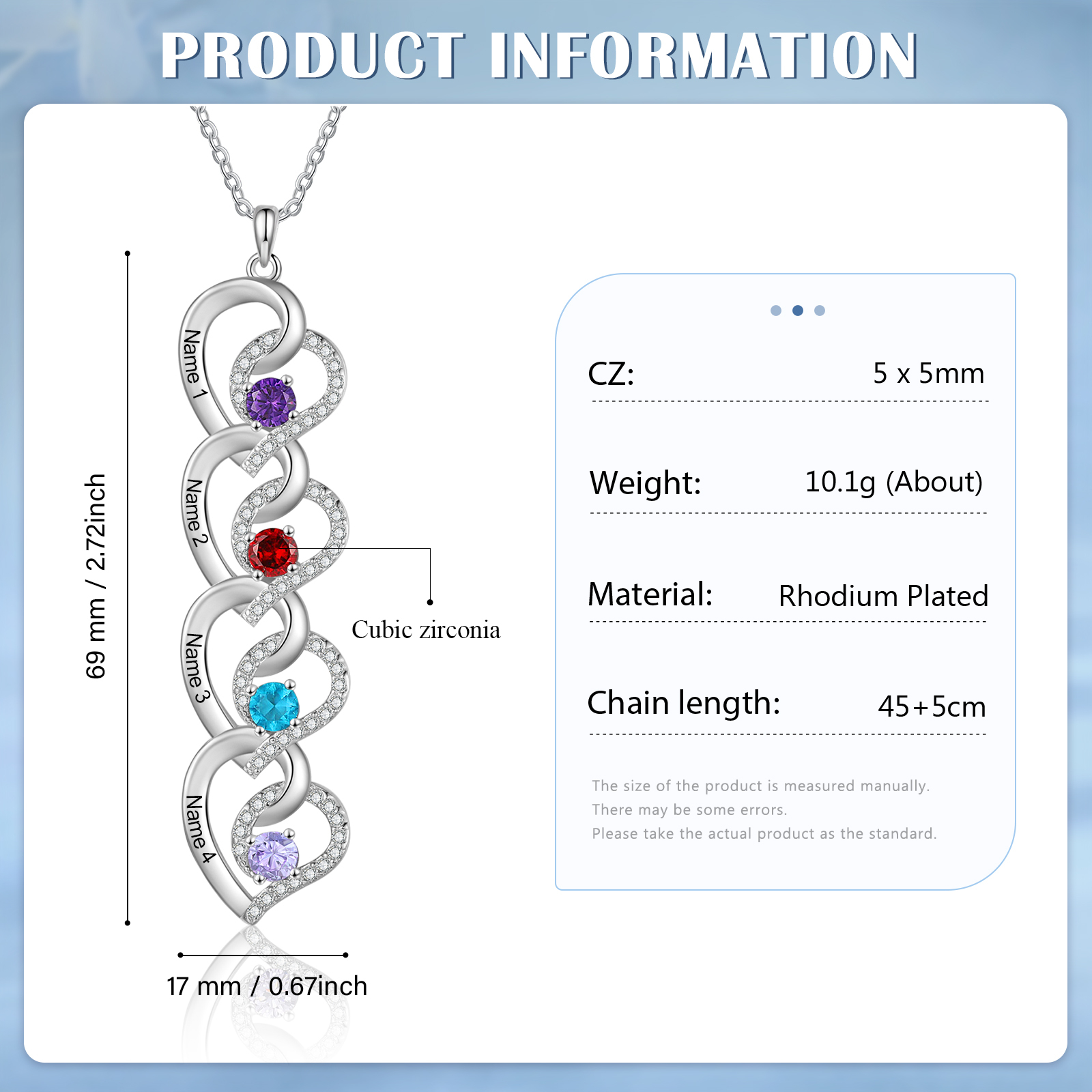 Personalised Heart-Shaped Birthstone Necklace - Custom 4 Names & 4 Birthstones Necklace Gift for Her | Jessemade