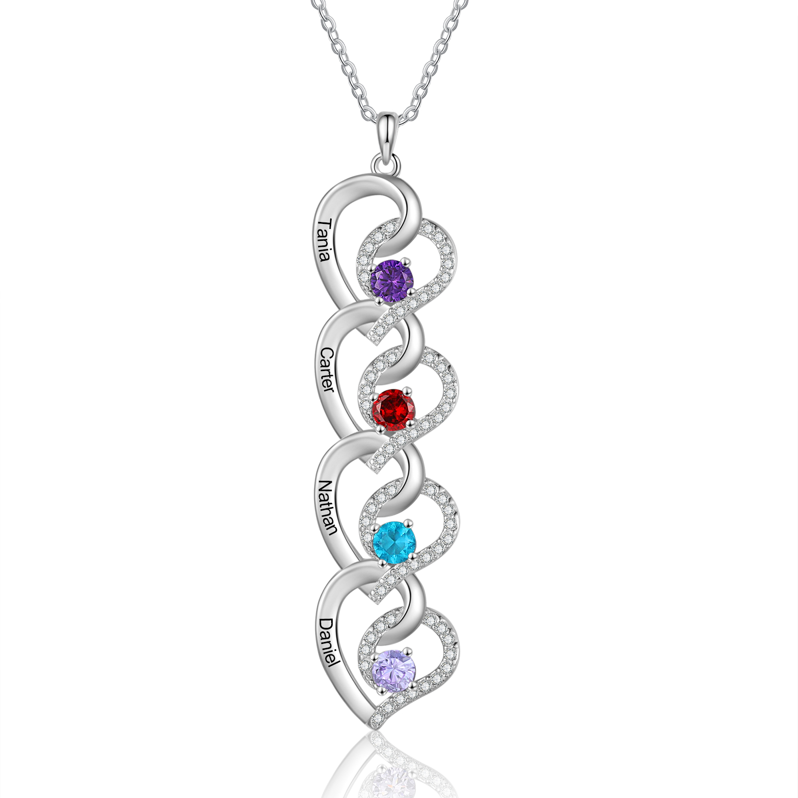 Personalised Heart-Shaped Birthstone Necklace - Custom 4 Names & 4 Birthstones Necklace Gift for Her | Jessemade