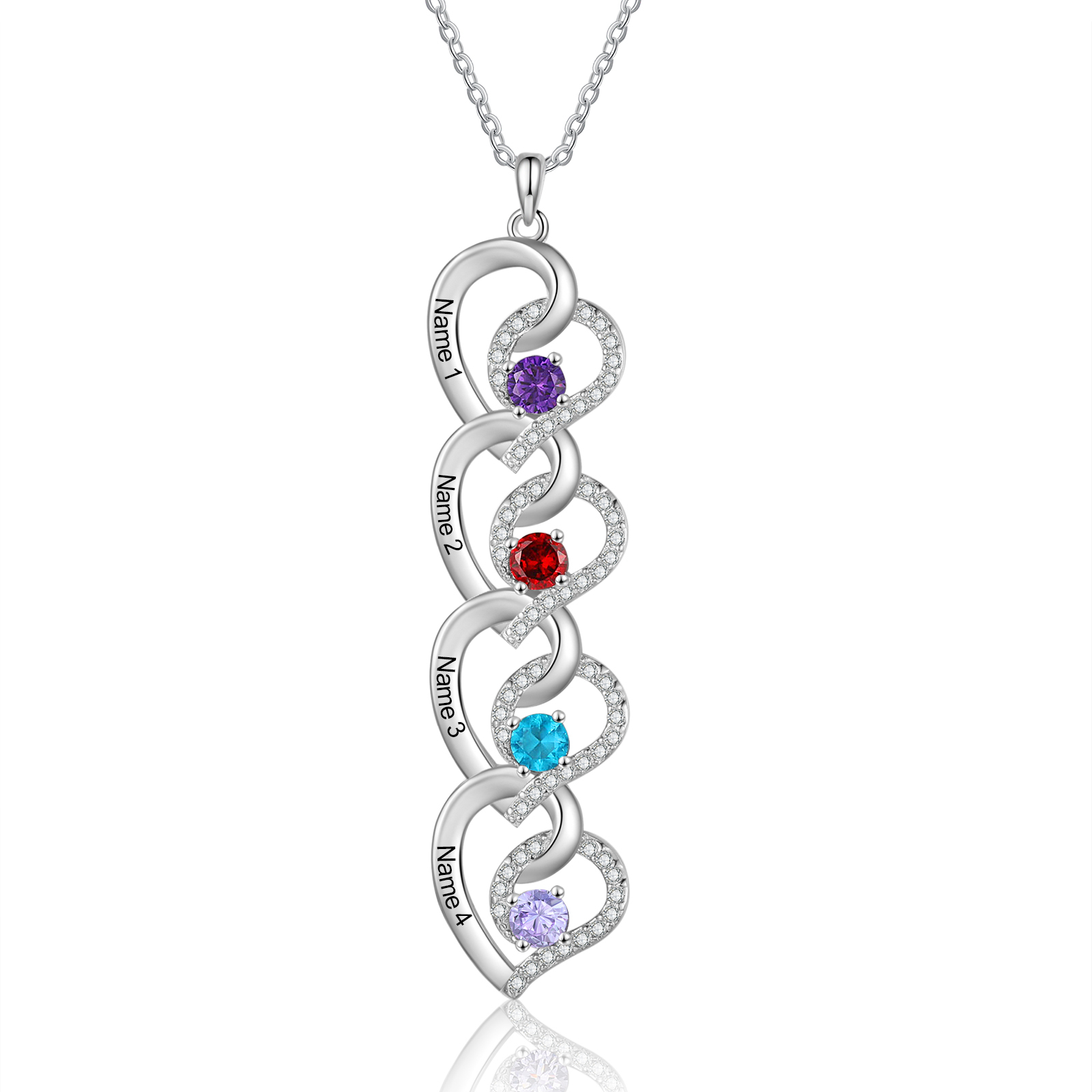 Personalised 2-4 Names Heart Birthstone Necklace for Women