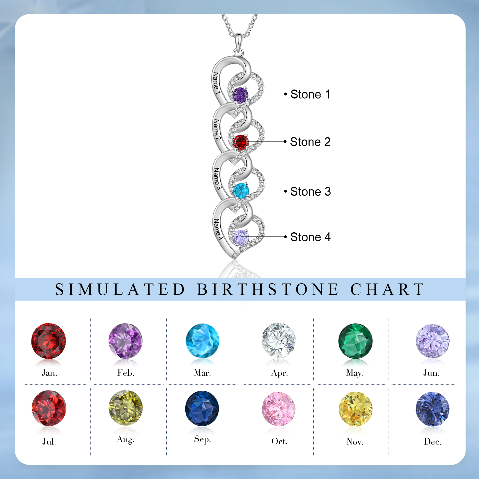 Personalised Heart-Shaped Birthstone Necklace - Custom 4 Names & 4 Birthstones Necklace Gift for Her | Jessemade