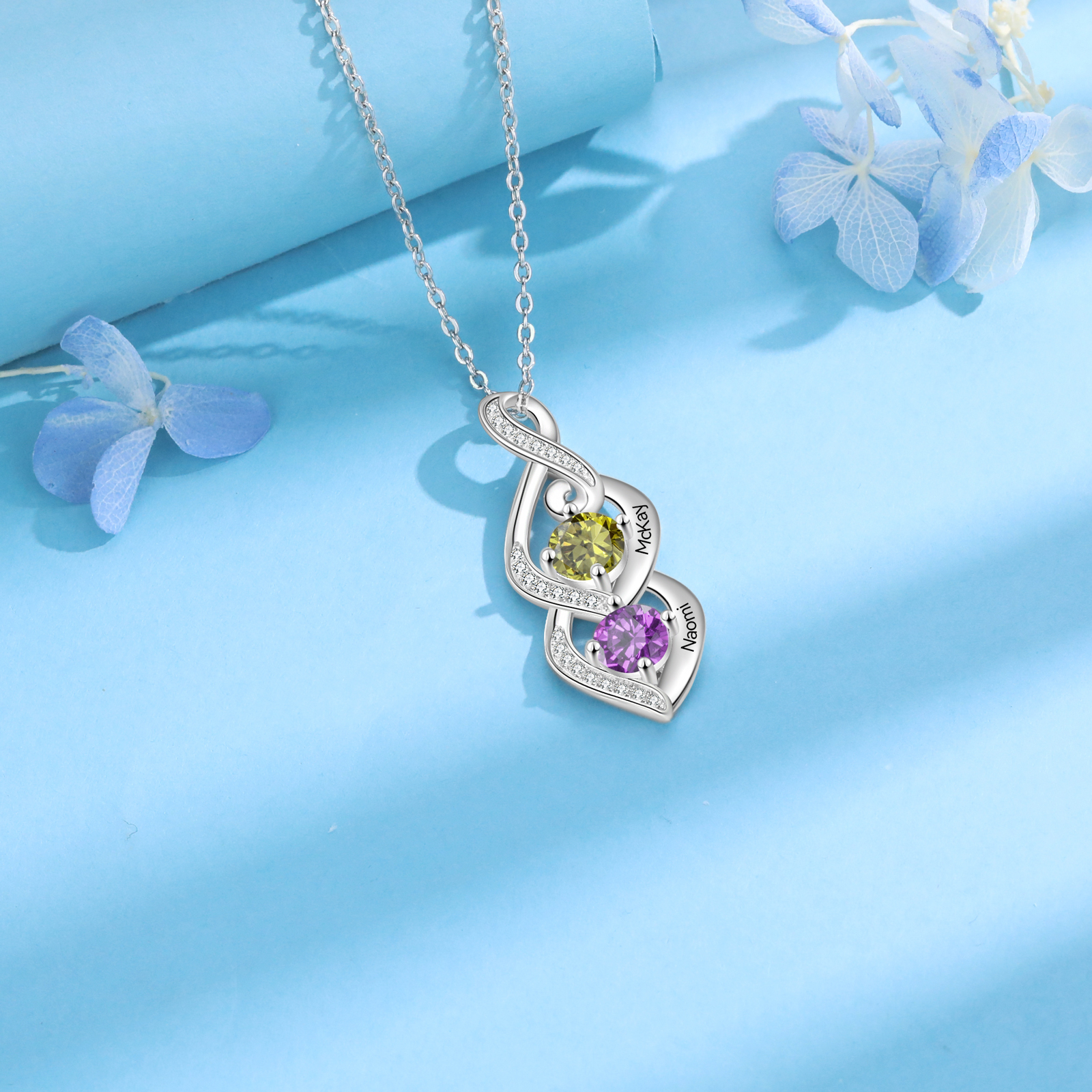Personalised Necklace with 2 Names & 2 Birthstones Pendant - Christmas Gift for Mum/Wife | Jessemade