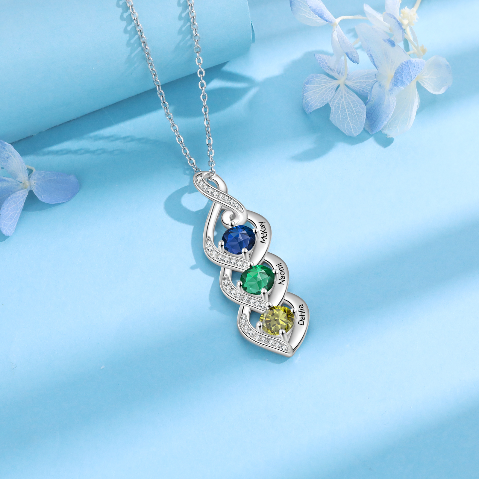 Personalised Necklace with 3 Names & 3 Birthstones Pendant - Christmas Gift for Mum/Wife | Jessemade