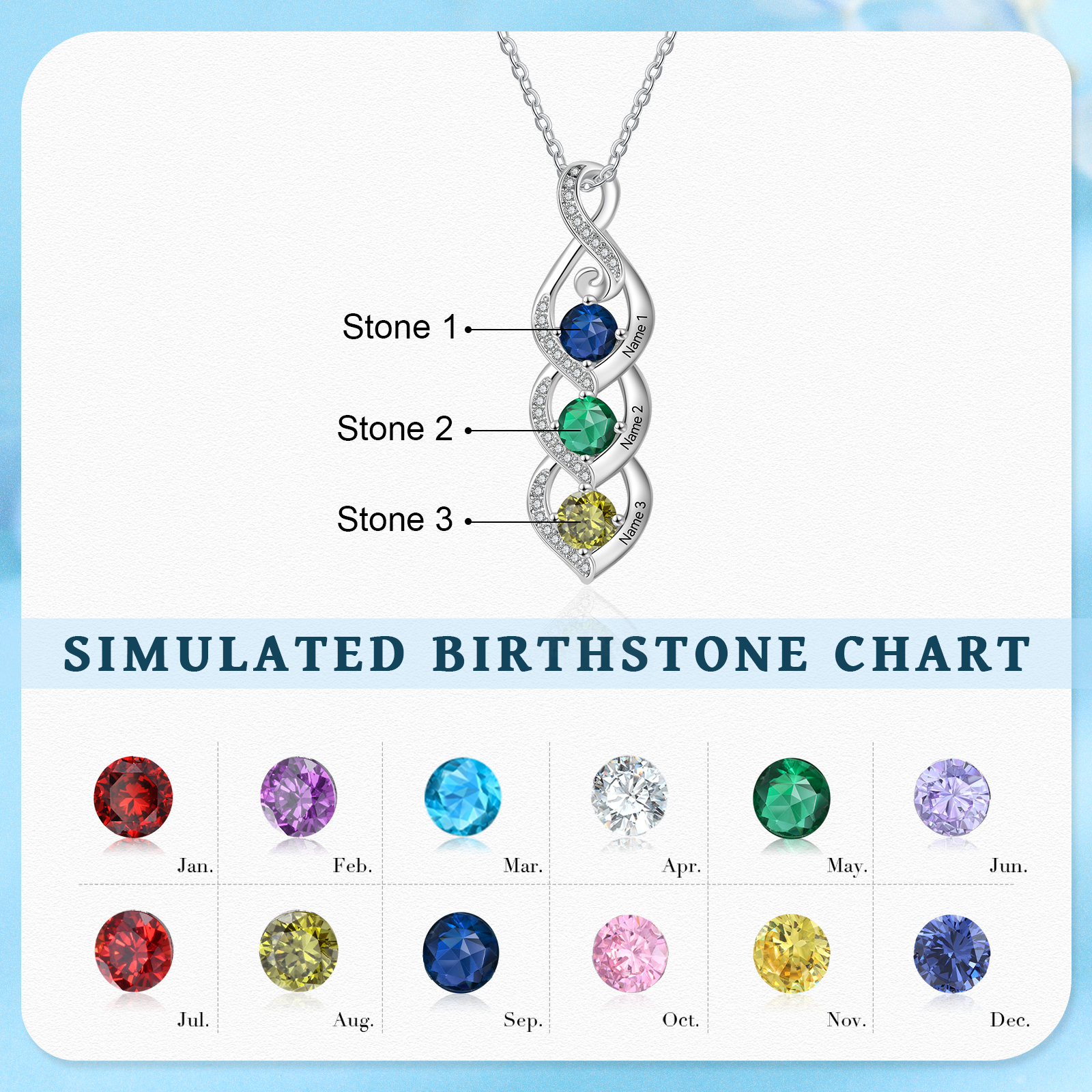 Personalised Necklace with 3 Names & 3 Birthstones Pendant - Christmas Gift for Mum/Wife | Jessemade