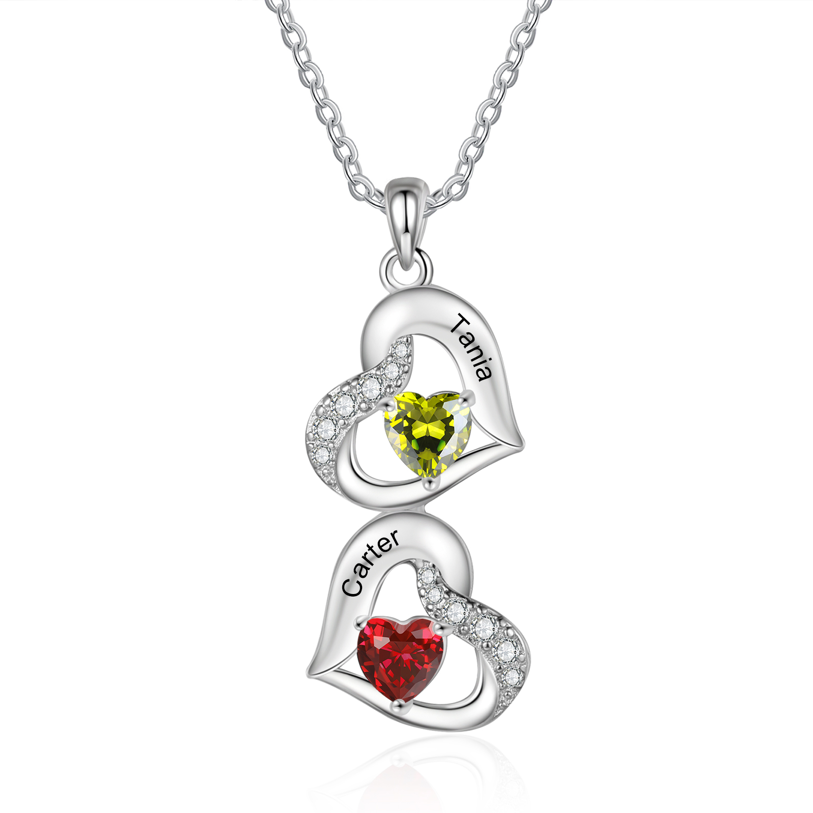 Personalised Heart-Shaped Birthstone Necklace - Custom 2 Names & 2 Birthstones Christmas Gift for Her | Jessemade
