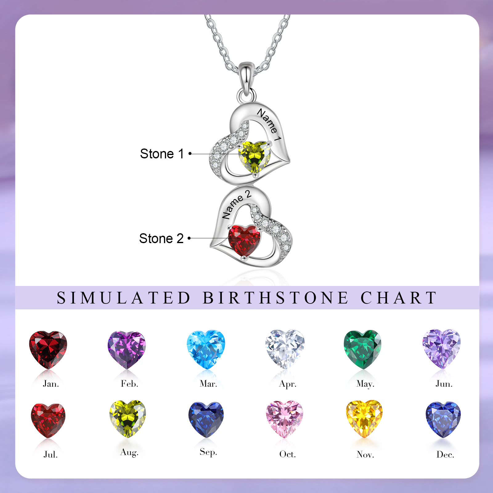 Personalised Heart-Shaped Birthstone Necklace - Custom 2 Names & 2 Birthstones Christmas Gift for Her | Jessemade