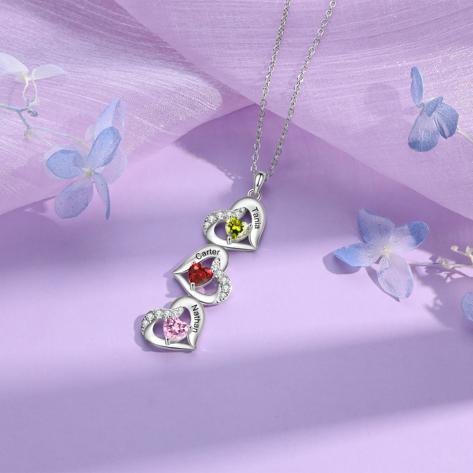 Personalised Heart-Shaped Birthstone Necklace - Custom 3 Names & 3 Birthstones Christmas Gift for Her | Jessemade