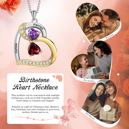 Personalised Heart Necklace with 2 Birthstones & 2 Names Heart Pendant Christmas Gift for Her | Jessemade