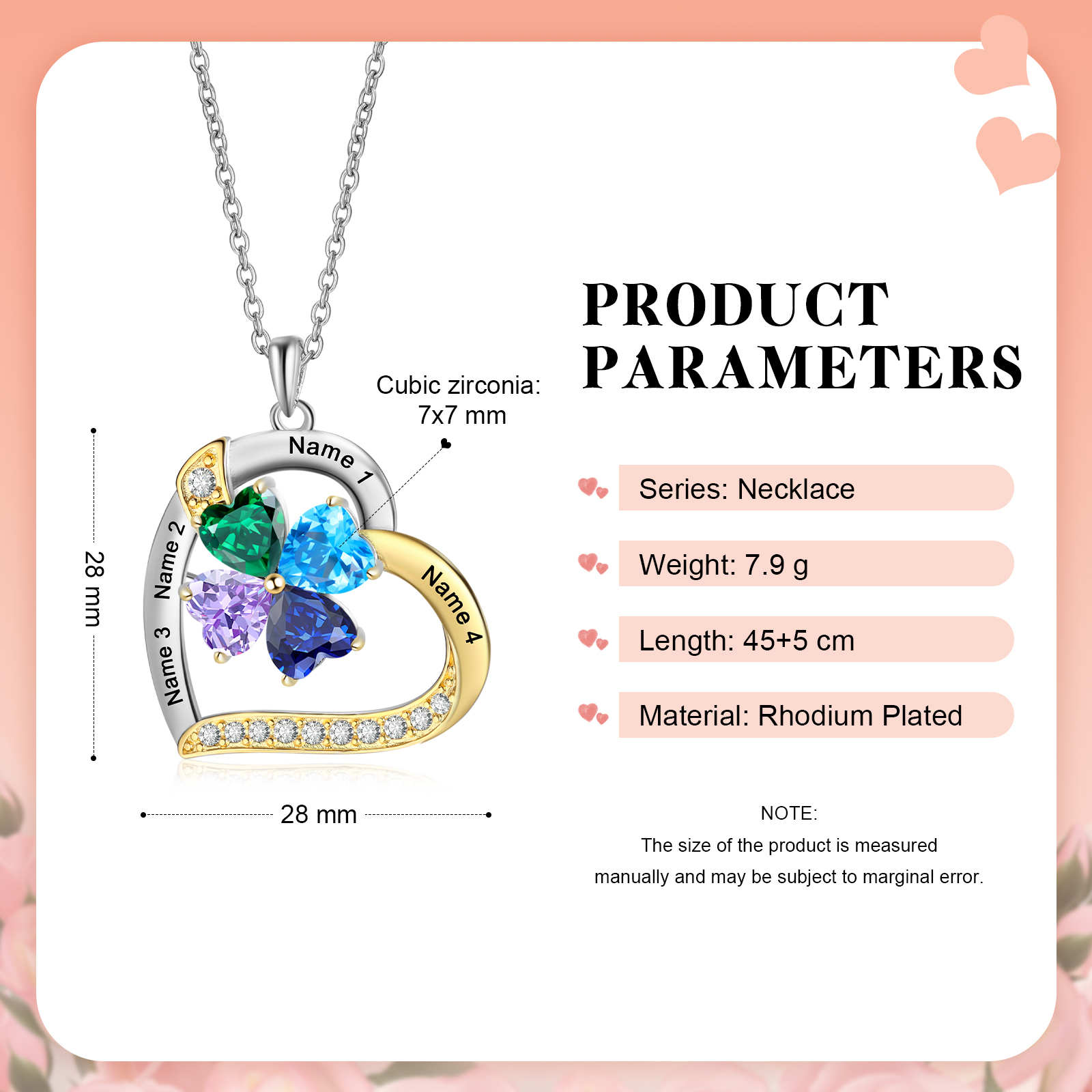 Personalised Heart Necklace with 4 Birthstones & 4 Names Heart Pendant Christmas Gift for Her | Jessemade