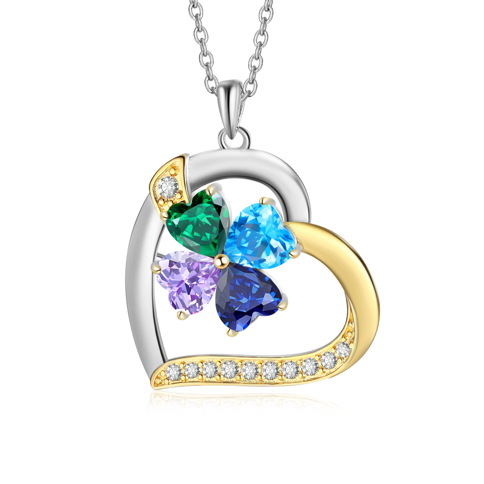Personalised Heart Necklace with 4 Birthstones & 4 Names Heart Pendant Christmas Gift for Her | Jessemade
