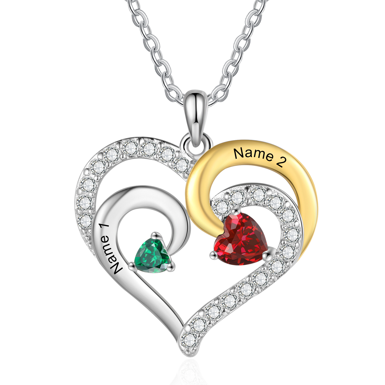 Personalised Birthstone Necklace with 2 Birthstones & 2 Names Heart Pendant Christmas Gift for Her | Jessemade