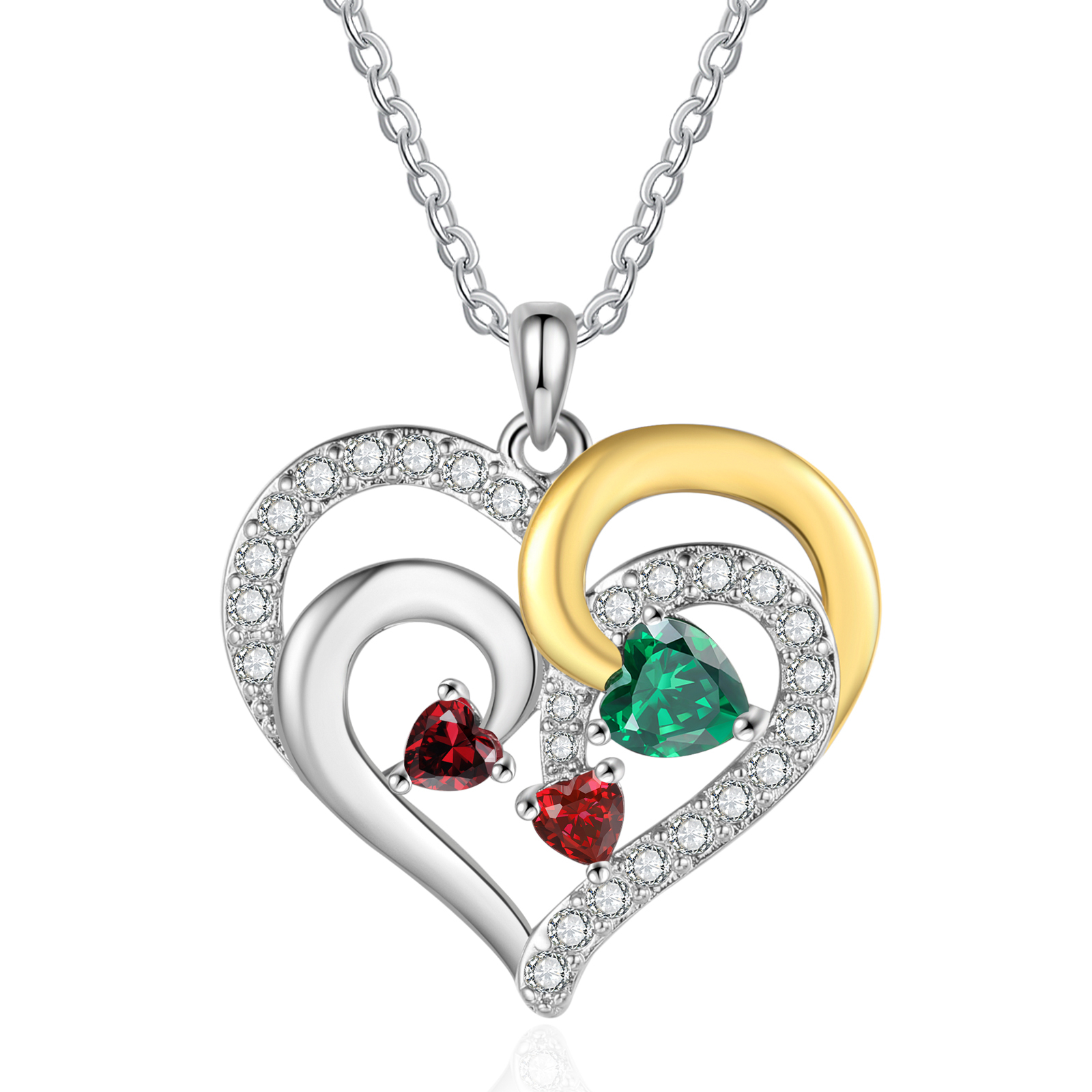 Personalised Birthstone Necklace with 3 Birthstones & 3 Names Heart Pendant Christmas Gift for Her | Jessemade