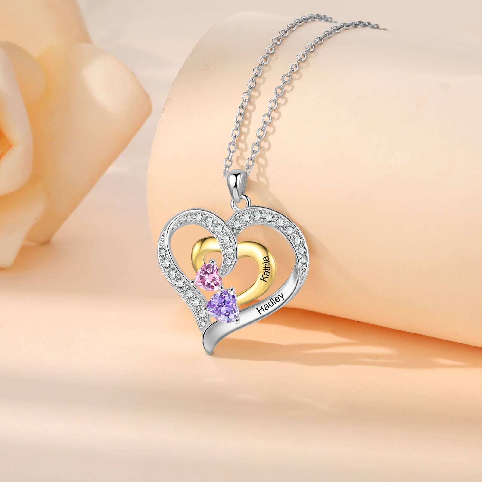 Personalised Double Heart Necklace with 2 Names & 2 Birthstones Jewelry Pendant for Her | Jessemade