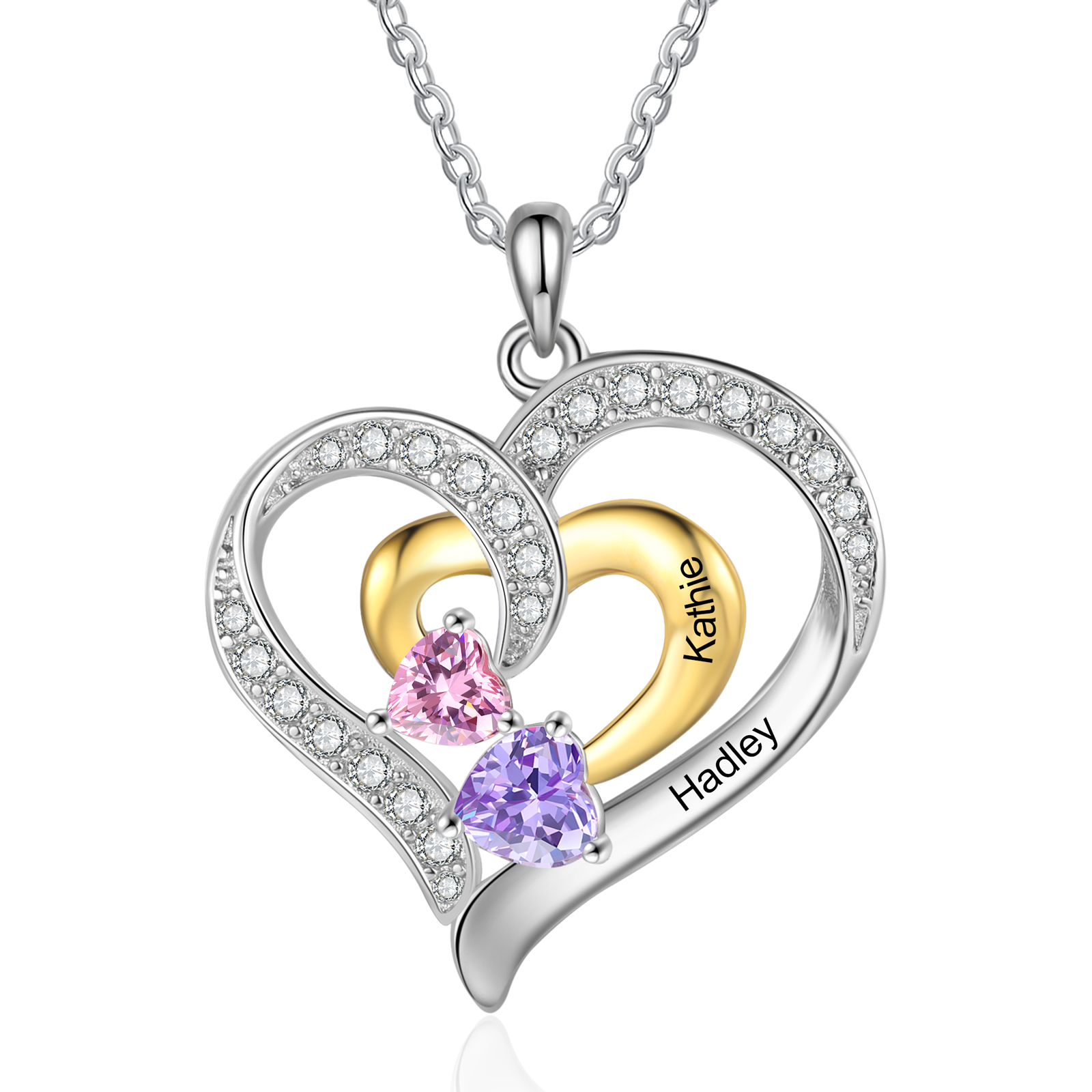 Personalised Double Heart Necklace with 2 Names & 2 Birthstones Jewelry Pendant for Her | Jessemade