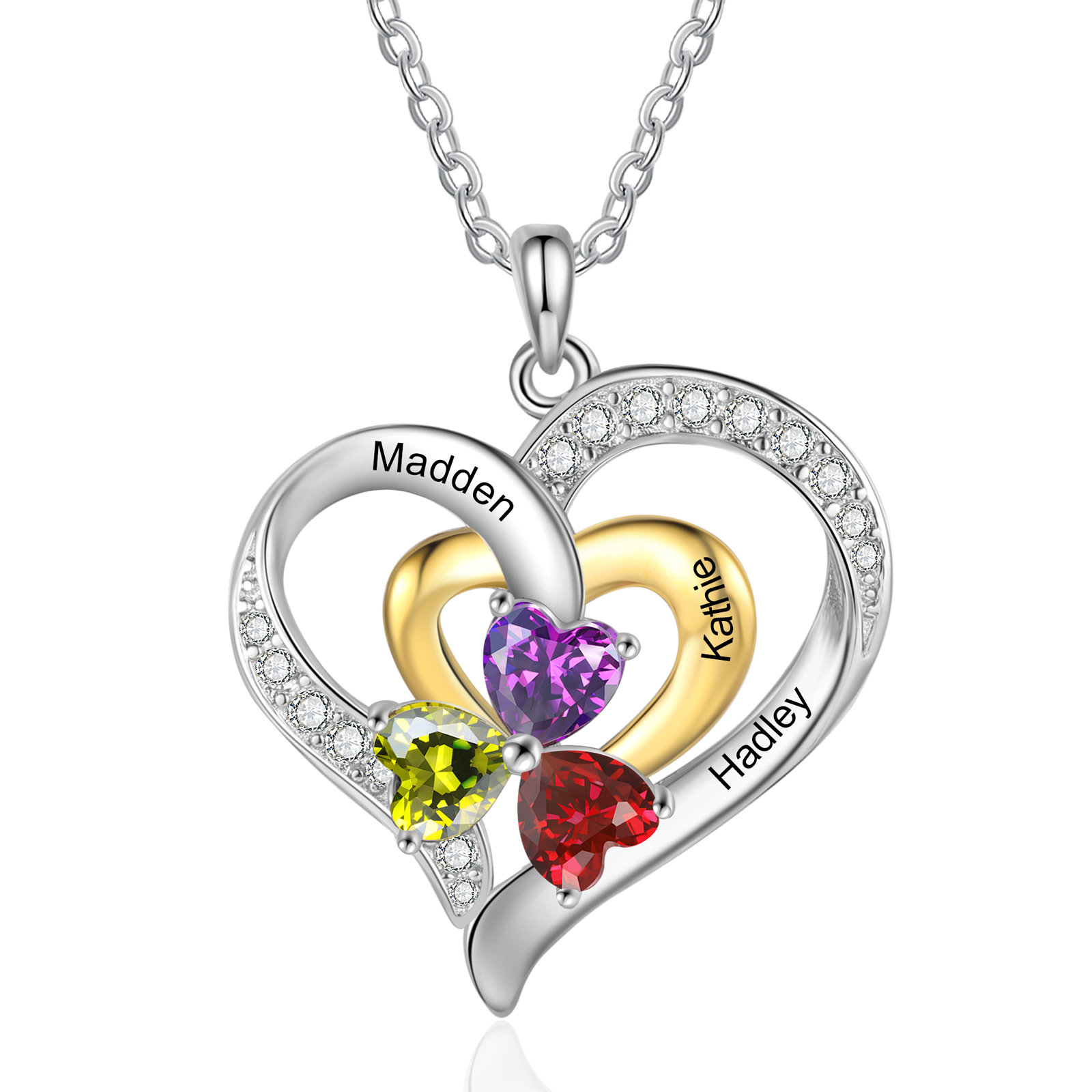 Personalised Double Heart Necklace with 3 Names & 3 Birthstones Jewelry Pendant for Her | Jessemade