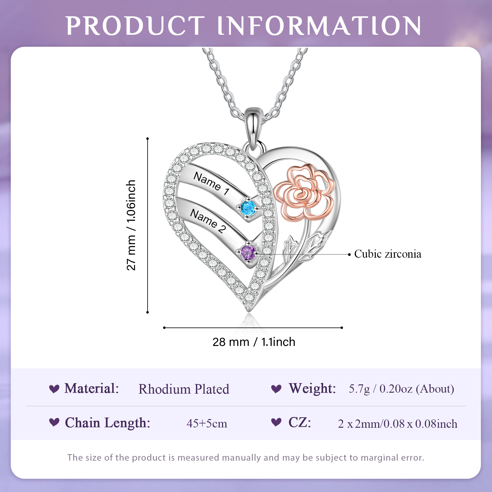 Personalised Heart Birthstone Necklace – Custom 2 Names & 2 Birthstones - Christmas Gift for Her | Jessemade