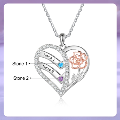 Personalised Heart Birthstone Necklace – Custom 2 Names & 2 Birthstones - Christmas Gift for Her | Jessemade