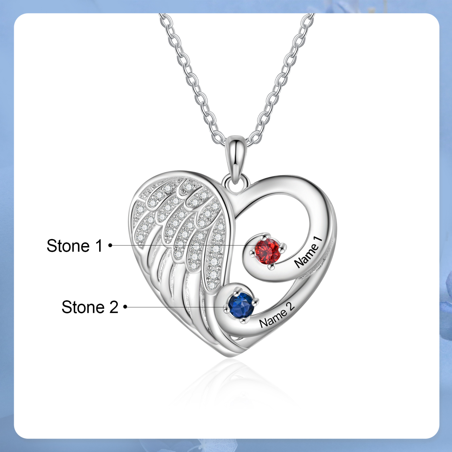 Personalised Heart Angel Wing Birthstone Necklace – Custom 2 Names & 2 Birthstones Gift for Her | Jessemade