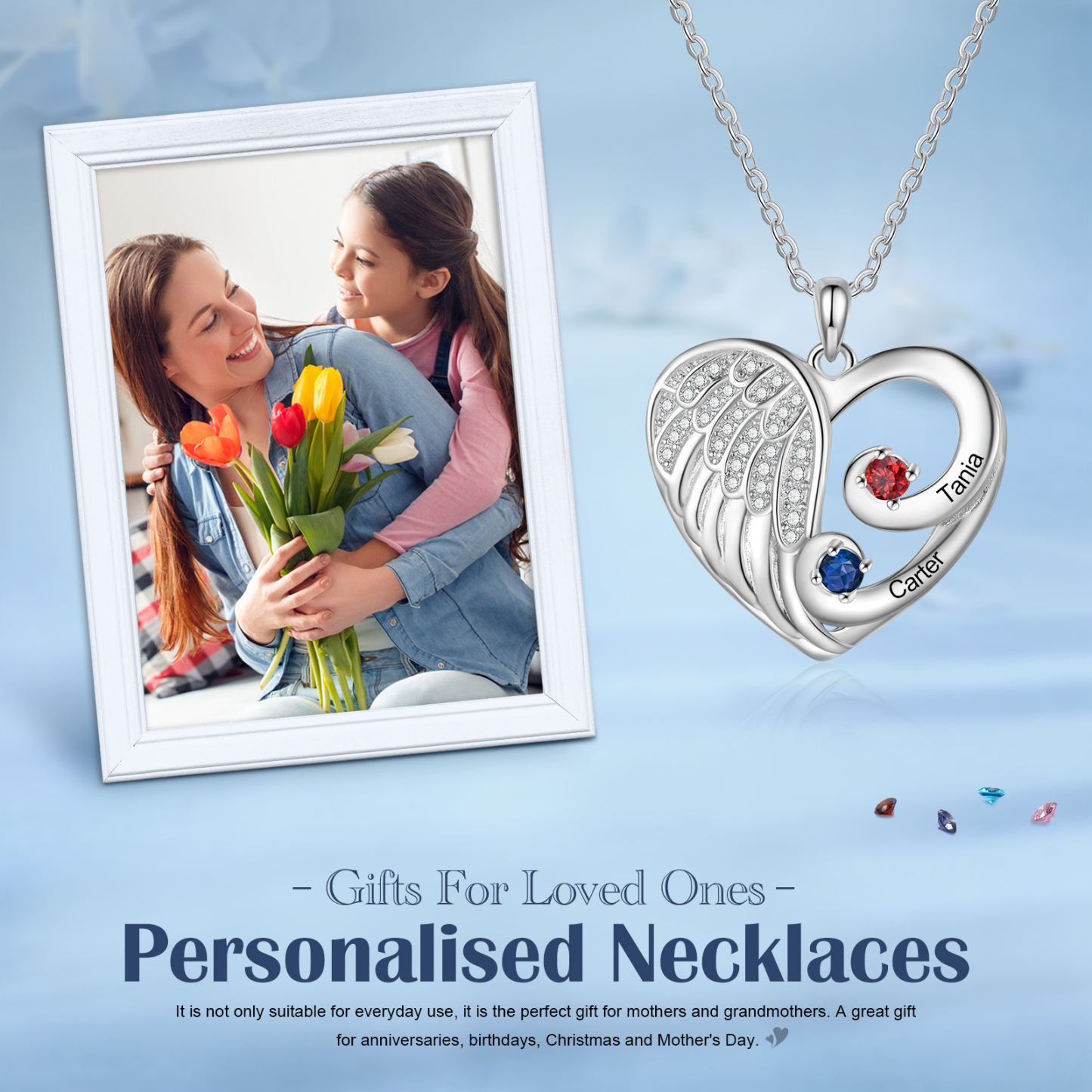 Personalised Heart Angel Wing Birthstone Necklace – Custom 2 Names & 2 Birthstones Gift for Her | Jessemade