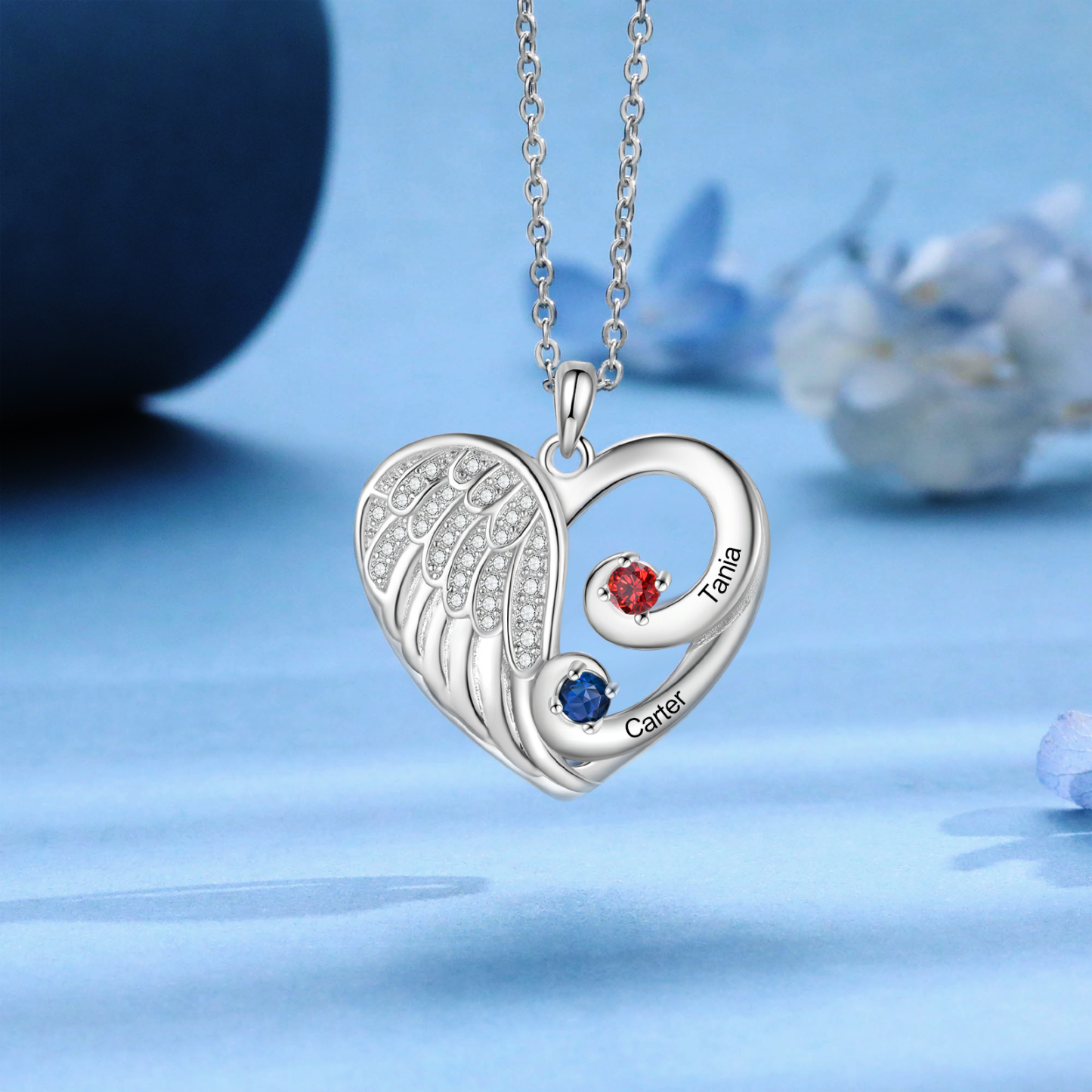 Personalised Heart Angel Wing Birthstone Necklace – Custom 2 Names & 2 Birthstones Gift for Her | Jessemade