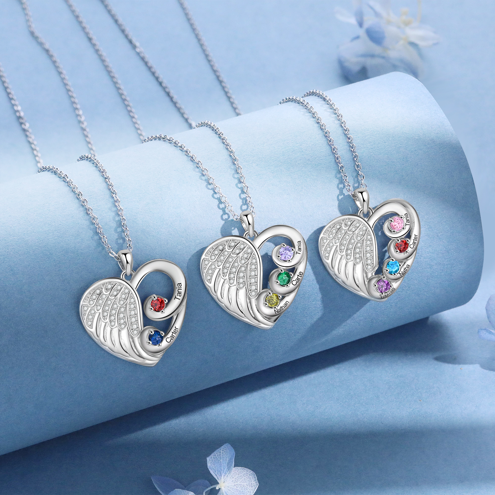 Personalised Heart Angel Wing Birthstone Necklace – Custom 4 Names & 4 Birthstones Gift for Her | Jessemade