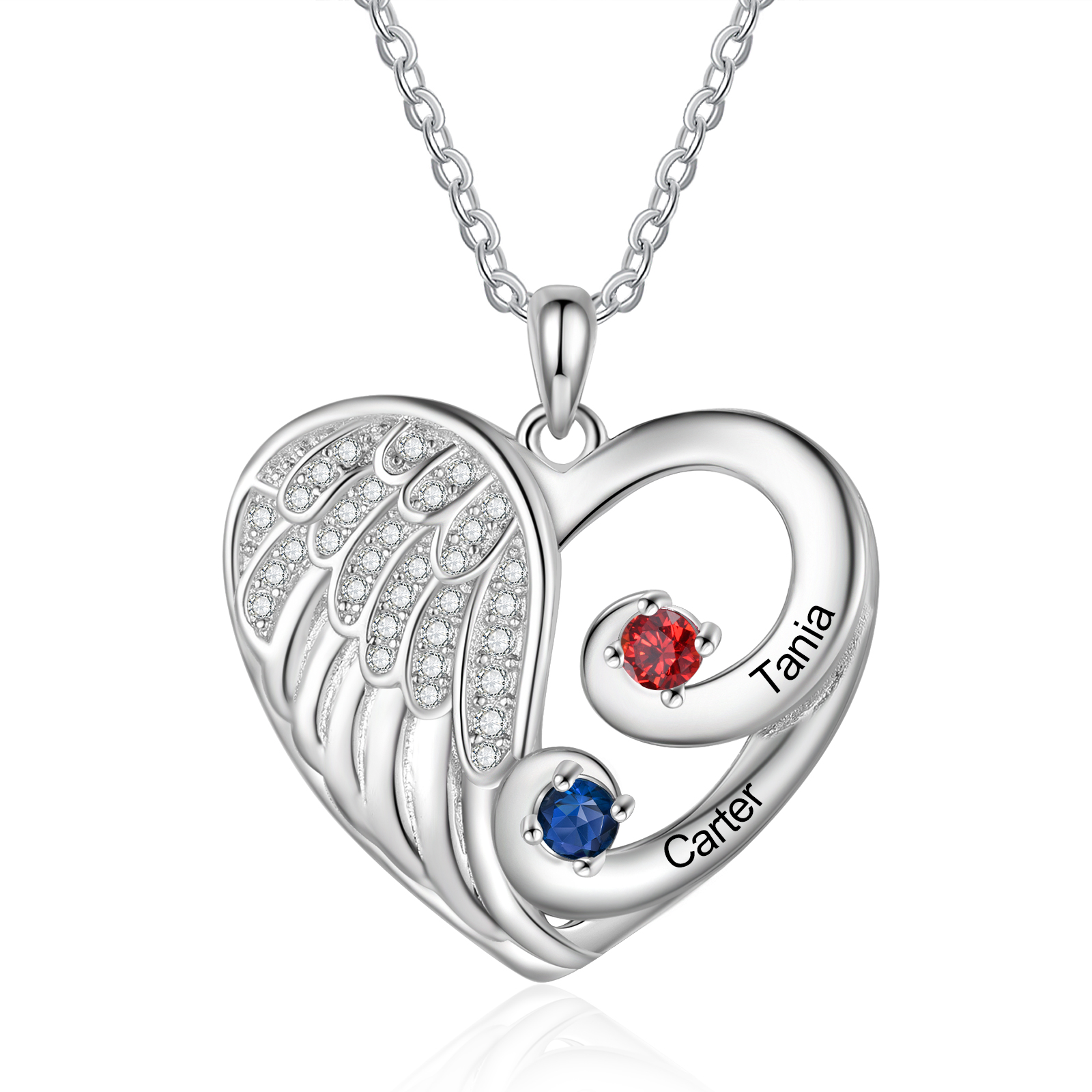 Personalised Heart Angel Wing Birthstone Necklace – Custom 2 Names & 2