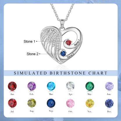 Personalised Heart Angel Wing Birthstone Necklace – Custom 2 Names & 2 Birthstones Gift for Her | Jessemade