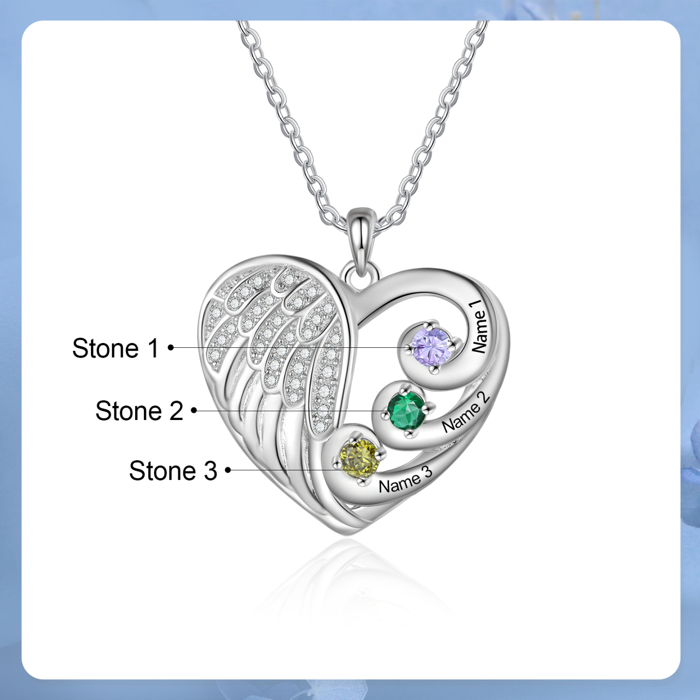 Personalised Heart Angel Wing Birthstone Necklace – Custom 3 Names & 3 Birthstones Gift for Her | Jessemade