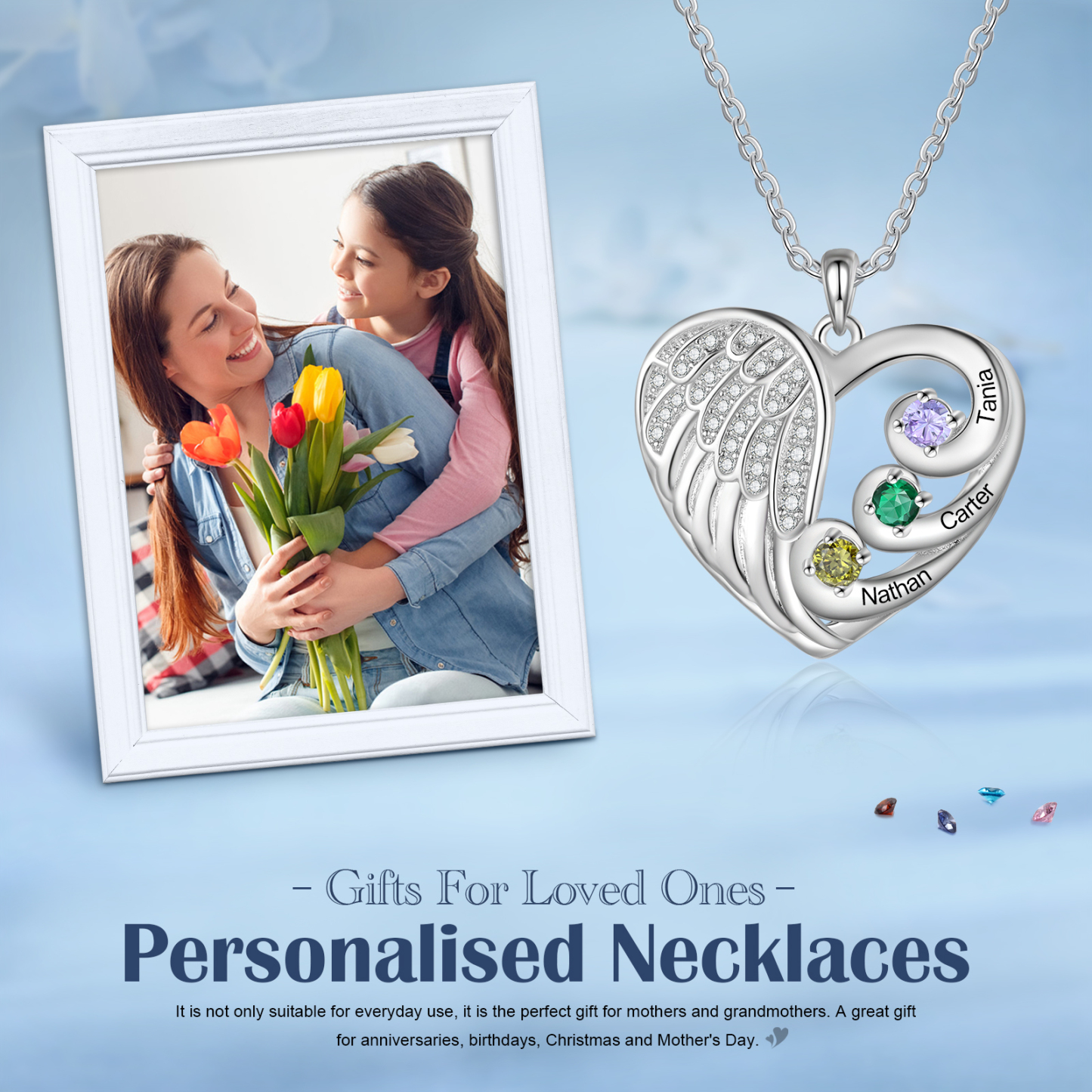 Personalised Heart Angel Wing Birthstone Necklace – Custom 3 Names & 3 Birthstones Gift for Her | Jessemade