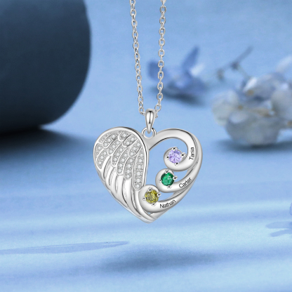 Personalised Heart Angel Wing Birthstone Necklace – Custom 3 Names & 3 Birthstones Gift for Her | Jessemade