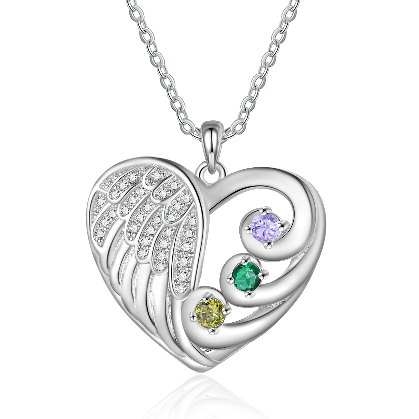 Personalised Heart Angel Wing Birthstone Necklace – Custom 3 Names & 3 Birthstones Gift for Her | Jessemade