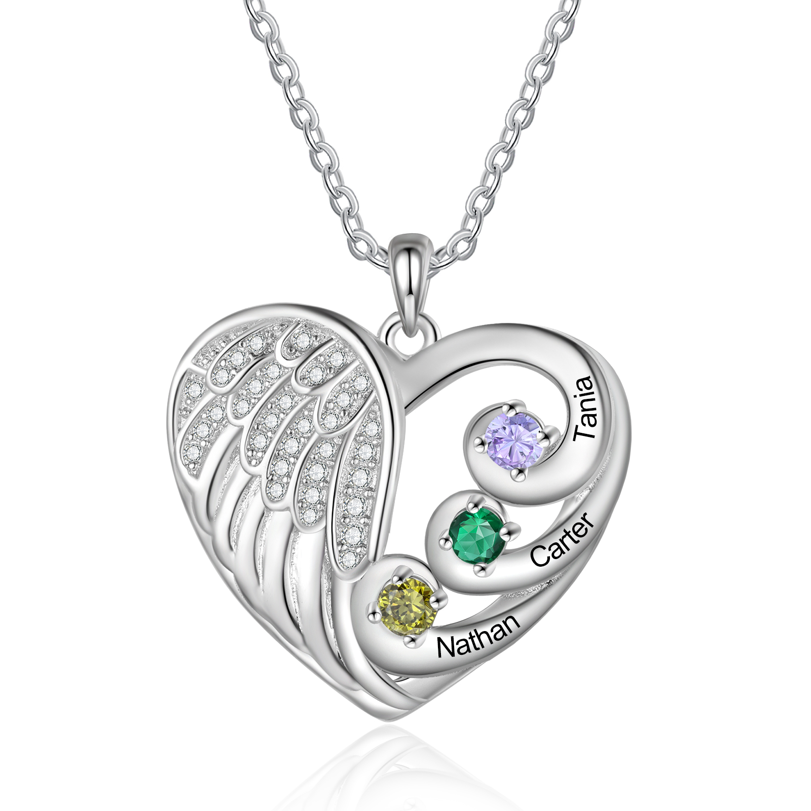Personalised Heart Angel Wing Birthstone Necklace – Custom 3 Names & 3