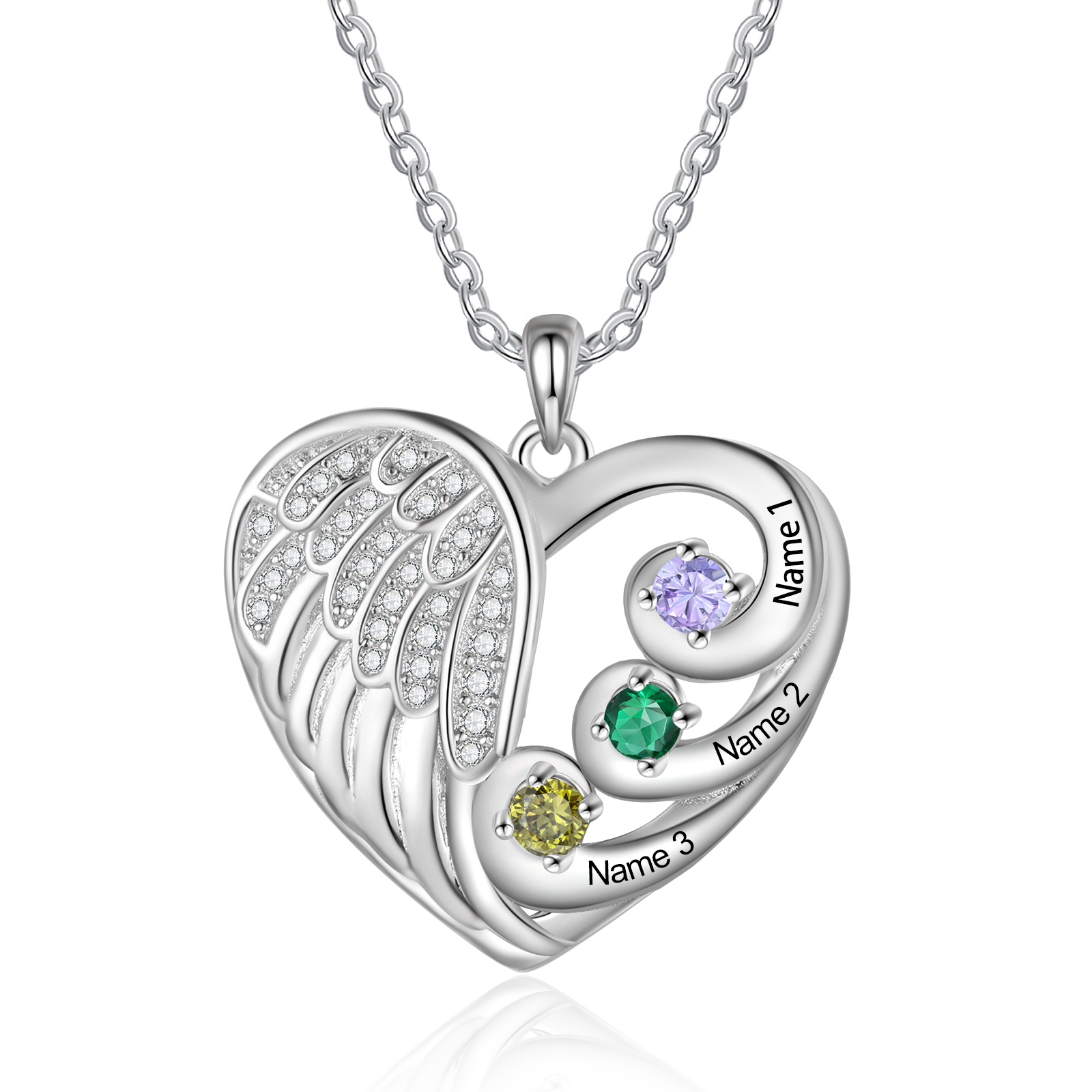 Personalised Heart Angel Wing Birthstone Necklace – Custom 3 Names & 3 Birthstones Gift for Her | Jessemade