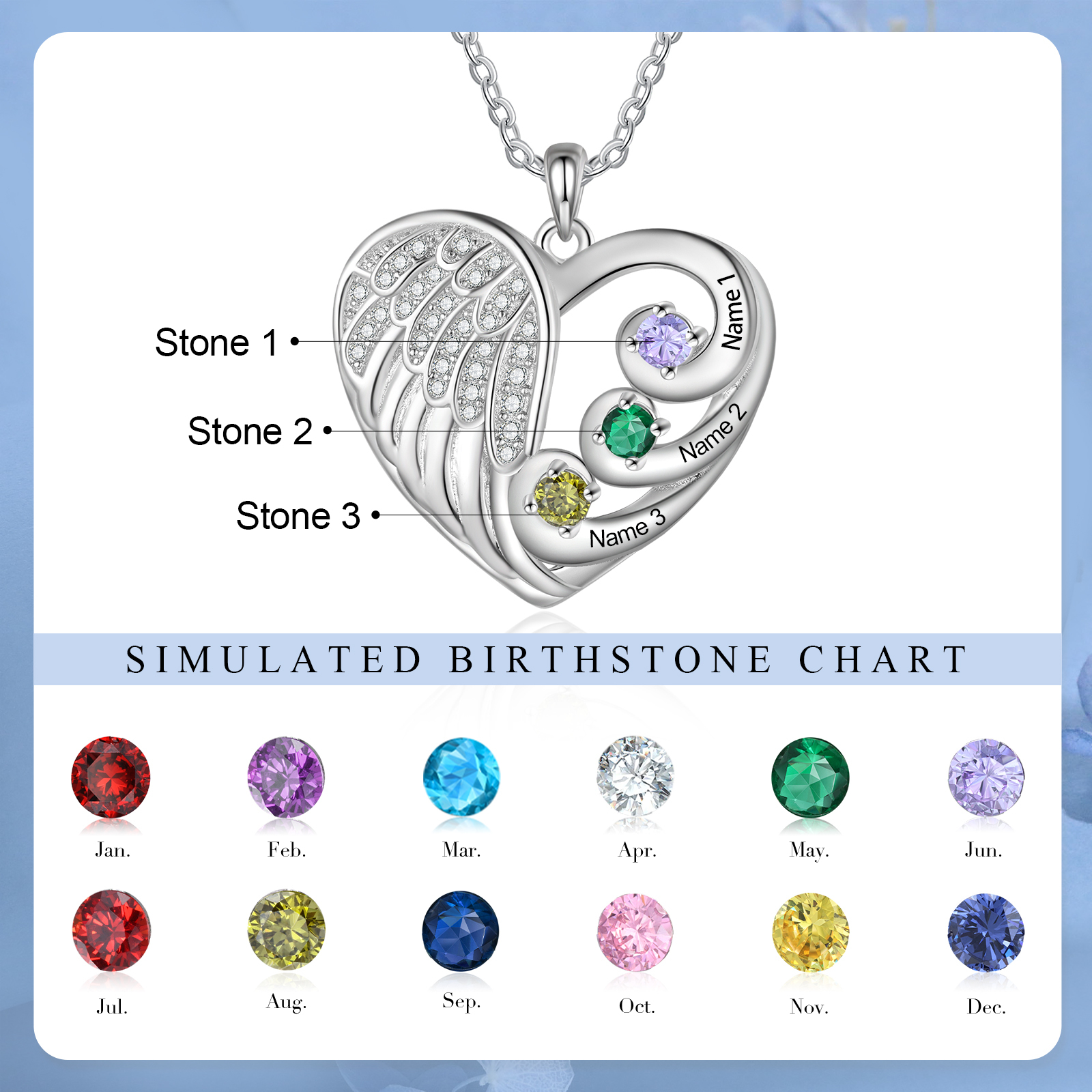 Personalised Heart Angel Wing Birthstone Necklace – Custom 3 Names & 3 Birthstones Gift for Her | Jessemade