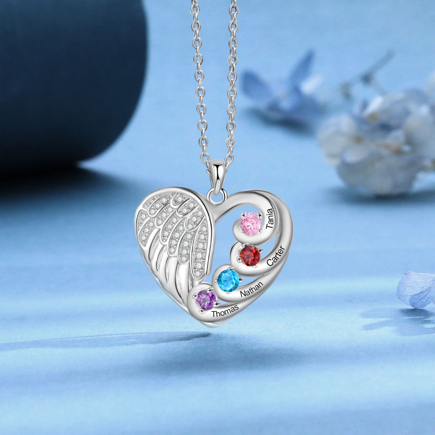 Personalised Heart Angel Wing Birthstone Necklace – Custom 4 Names & 4 Birthstones Gift for Her | Jessemade