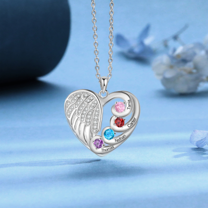 Personalised Heart Angel Wing Birthstone Necklace – Custom 4 Names & 4 Birthstones Gift for Her | Jessemade