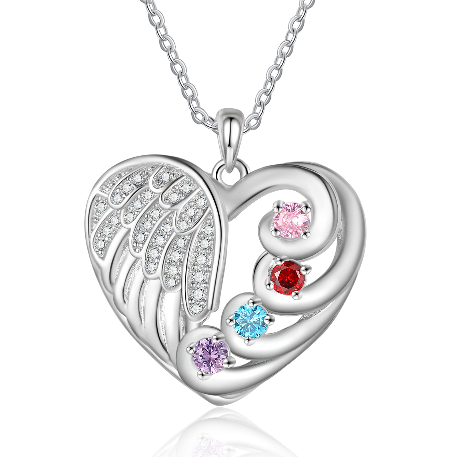 Personalised Heart Angel Wing Birthstone Necklace – Custom 4 Names & 4 Birthstones Gift for Her | Jessemade
