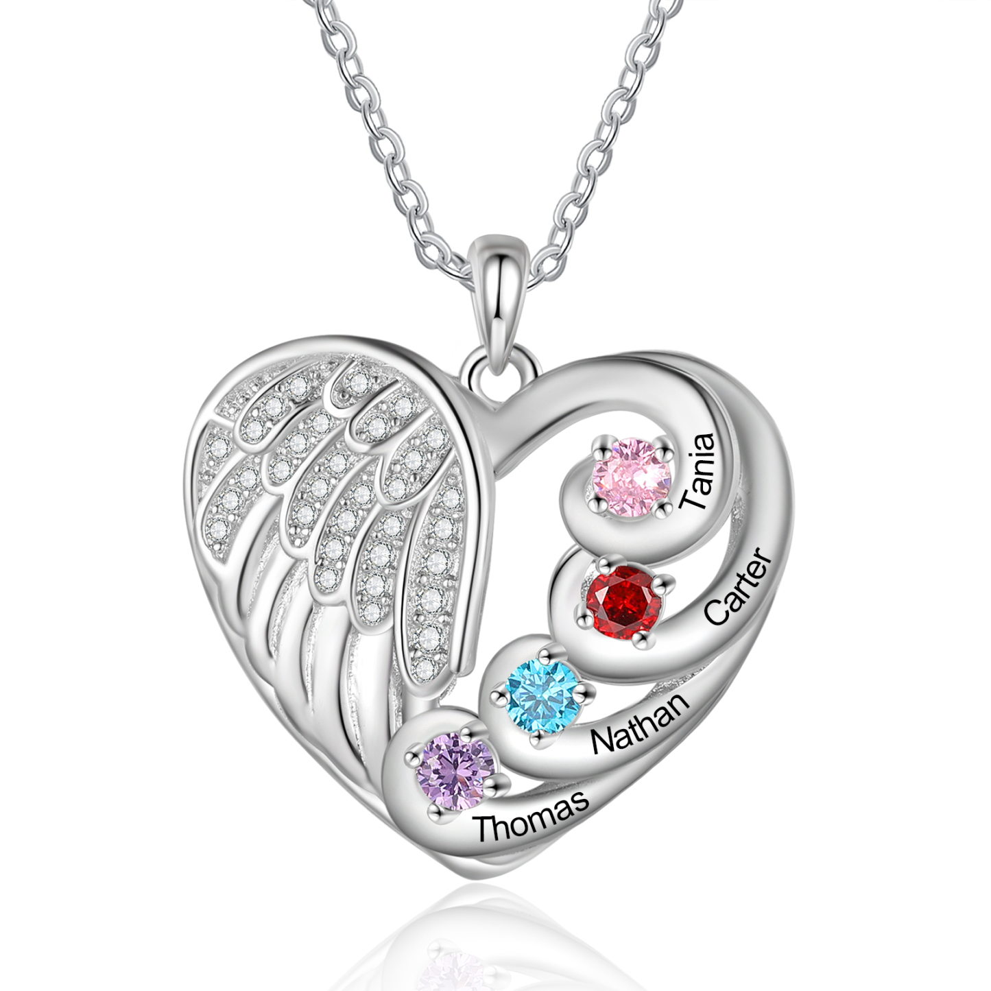 Personalised Heart Angel Wing Birthstone Necklace – Custom 4 Names & 4