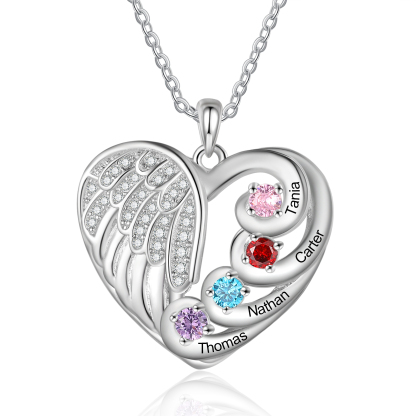 Personalised Heart Angel Wing Birthstone Necklace – Custom 4 Names & 4