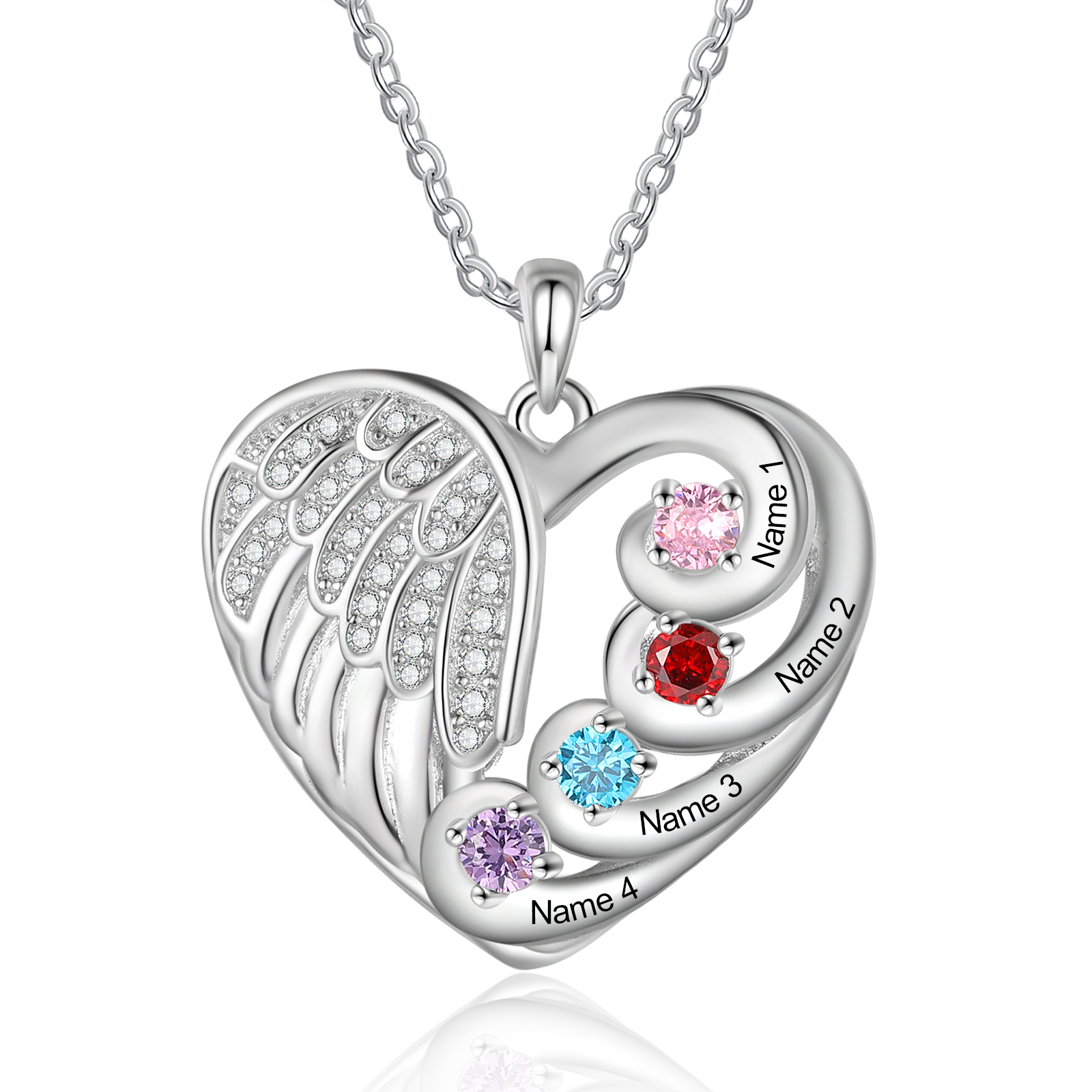 Personalised Heart Angel Wing Birthstone Necklace – Custom 4 Names & 4 Birthstones Gift for Her | Jessemade