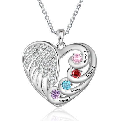 Personalised Heart Angel Wing Birthstone Necklace – Custom 4 Names & 4 Birthstones Gift for Her | Jessemade