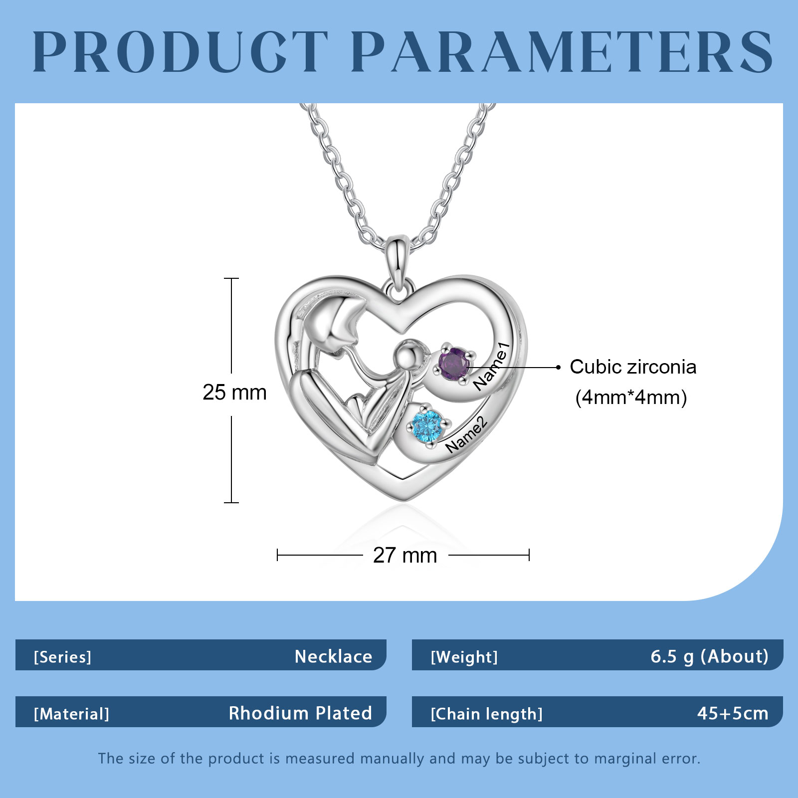 Personalised Heart Necklace with 2 Names & 2 Birthstones Jewelry Pendant Gift for Her | Jessemade