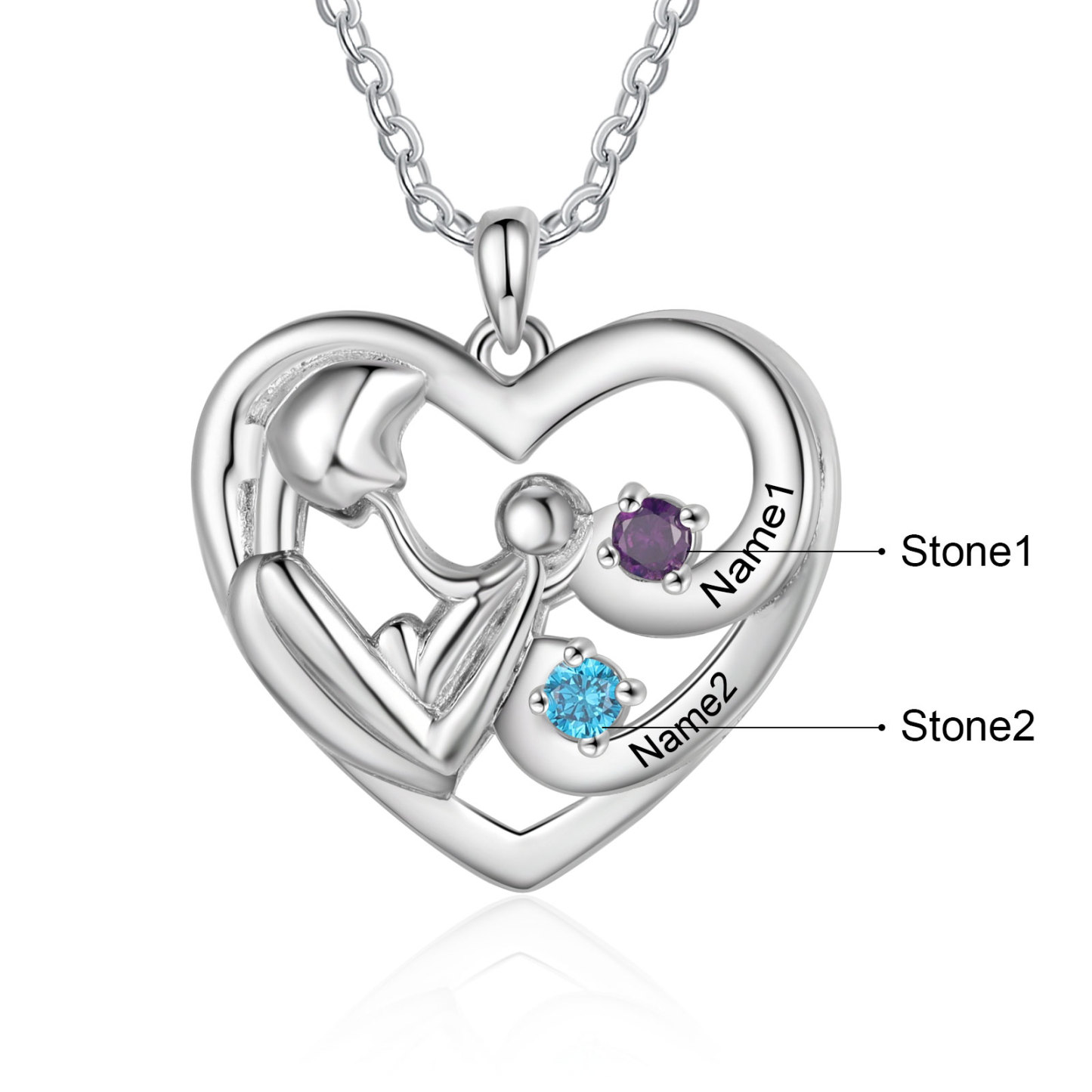 Personalised Heart Necklace with 2 Names & 2 Birthstones Jewelry Pendant Gift for Her | Jessemade