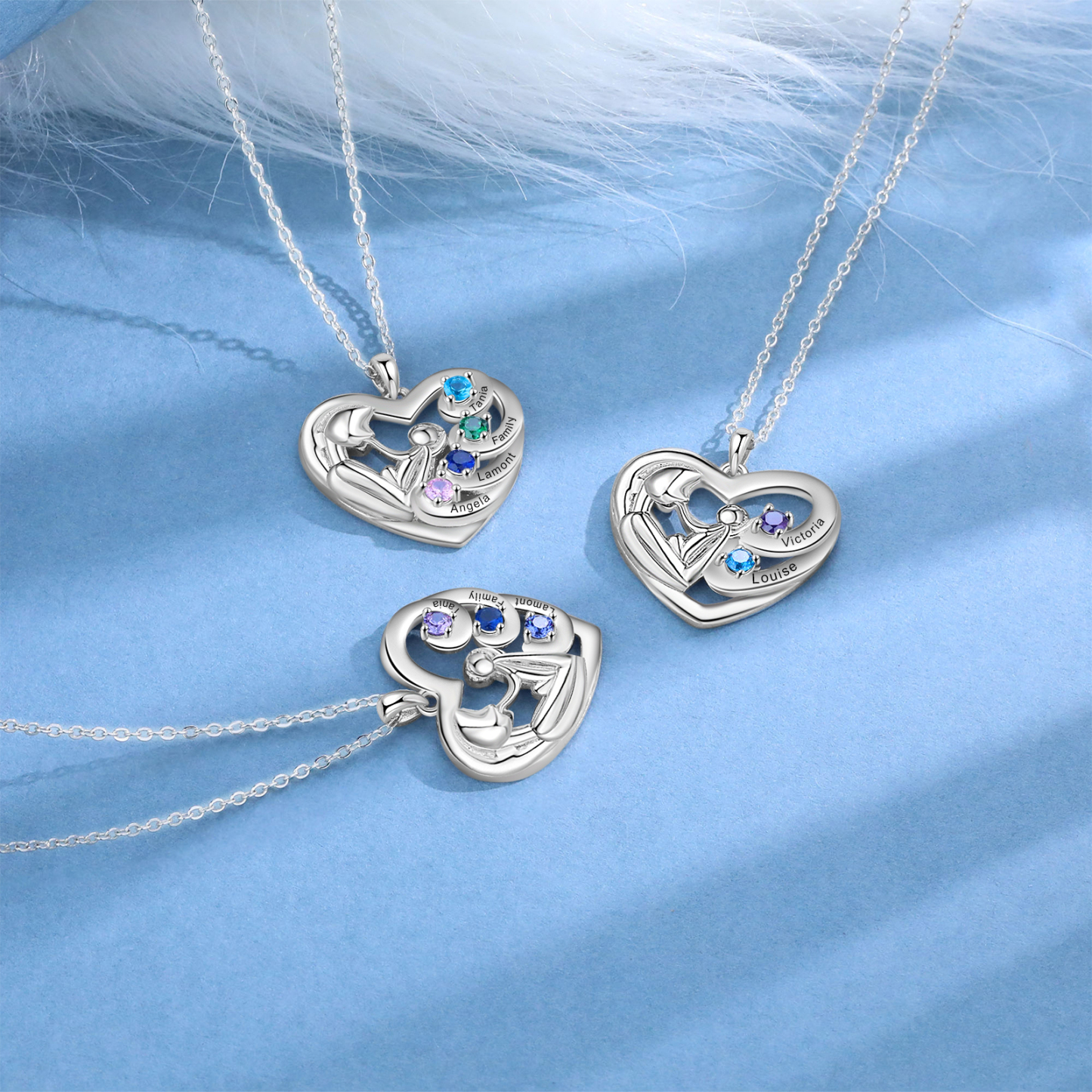 Personalised Heart Necklace with 4 Names & 4 Birthstones Jewelry Pendant Gift for Her | Jessemade