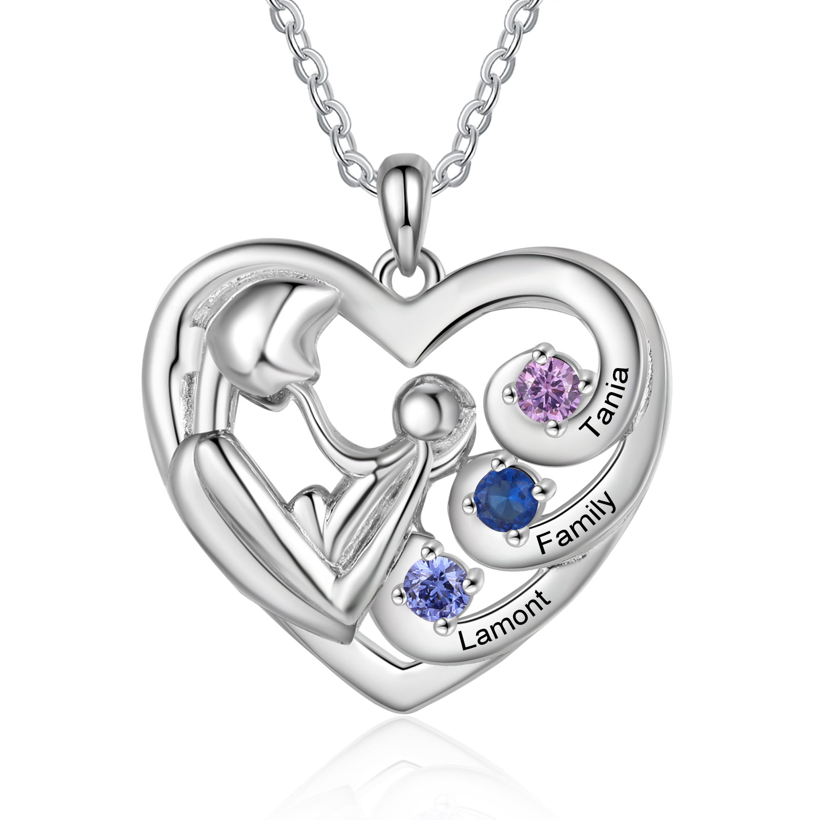 Personalised Heart Necklace with 3 Names & 3 Birthstones Jewelry Pendant Gift for Her | Jessemade