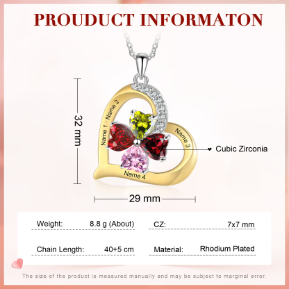 Personalised Women's Necklace with 4 Names & 4 Birthstones - Heart Pendant Christmas Gift for Her | Jessemade